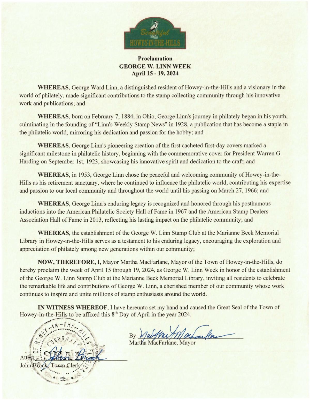 Proclamation for George W Linn Week